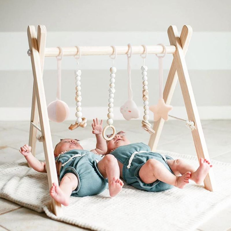 Photo 1 of  funny supply Wooden Baby Gym with 6 Gym Toys Foldable Baby Play Gym Frame Activity Center Hanging Bar Newborn Gift 