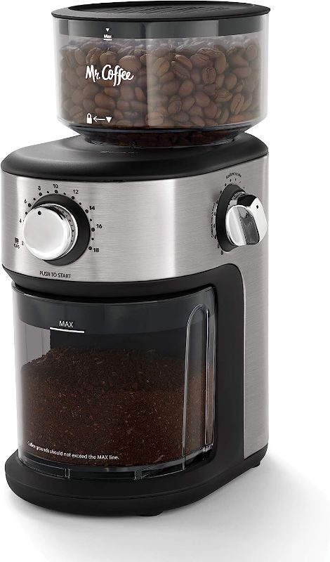 Photo 1 of Mr. Coffee Burr Coffee Grinder, Automatic Grinder with 18 Presets for French Press, Drip Coffee, and Espresso, 18-Cup Capacity, Stainless Steel
