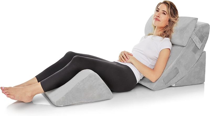 Photo 1 of 4 PC Bed Wedge Pillows Set - Orthopedic Wedge Pillow for Sleeping - Multi Angle Relief System for Back, Neck. Shoulder, and Leg Elevation Pillows | Acid Reflux, Anti Snoring - Machine Washable Cover