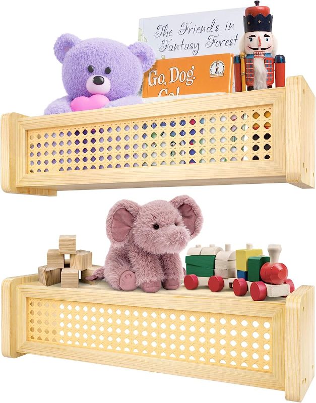 Photo 1 of 2 Set of Wall Bookshelf for Kids – Nursery Wall Shelves w/ Metal Anchors, Screws, Level, Instructions – Versatile Kids Floating Bookshelf to Organize Books, Toys – Sturdy, PVC Rattan Wooden Wall Shelf
