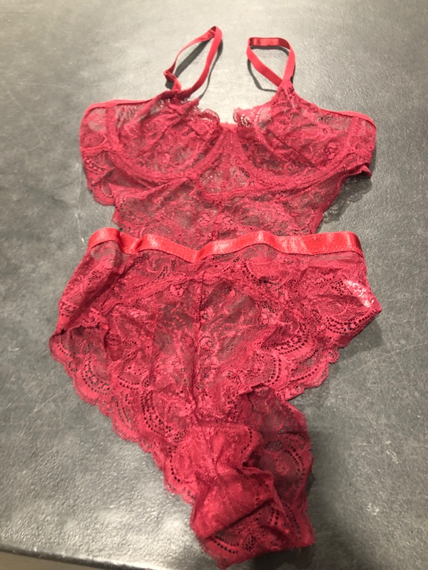Photo 2 of Aranmei Women Sexy Lingerie Bodysuit Lace Teddy Snap Crotch V Neck Cut Out One Piece Babydoll Underwire Wine Red Small