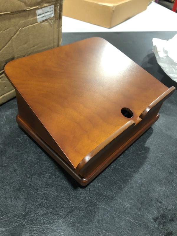 Photo 1 of Wooden Book Stand for Cookbook Textbook and Tablet, Adjustable Angles, Spacious Storage Case, Carousel Base (Dark Cherry)---BOX DAMAGE 