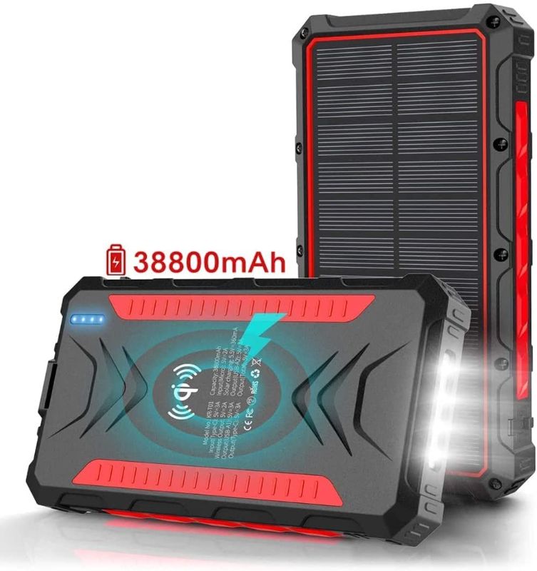 Photo 1 of Solar Power Bank,Solar Charger 38800mAh, Qi Wireless Charger, Outputs 5V/3A High-Speed & 2 Inputs Huge Capacity Phone Charger for Smartphones, IP66 Rating, Strong Light LED Flashlights (Red)