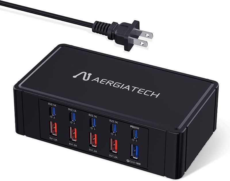 Photo 1 of USB C Charging Station, Aergiatech 100W USB C Charger Charging Hub 10 PowerPort for Multiple Devices with PD3.0 and QC3.0 Fast Charging Power Stock Station for iPhone 13, iPad Air/Pro, Galaxy -Black