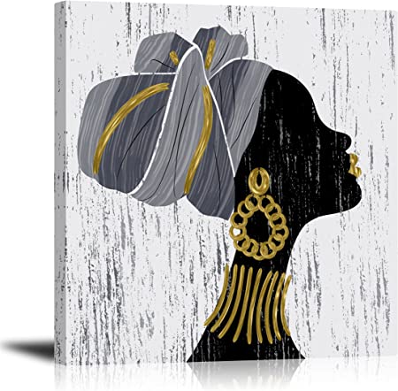 Photo 1 of African American Wall Art for Living Room Black Girl Women Canvas Wall Art Abstract Modern Indian Women Wall Decor Pop Gold Earrings Necklace Print Painting Poster for Bathroom Bedroom Bar Office 16x16 Inch
