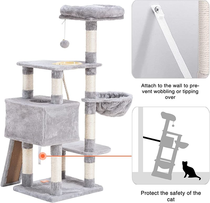 Photo 1 of Heybly Cat Tree Cat Tower for Indoor Cats Multi-Level Cat Furniture Condo with Feeding Bowl and Scratching Board Light Gray