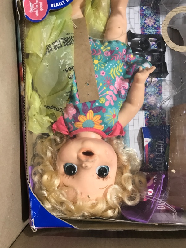 Photo 2 of Baby Alive Happy Hungry Baby Blond Curly Hair Doll, Makes 50+ Sounds & Phrases, Eats & Poops, Drinks & Wets, for Kids Age 3 & Up, Brown/A (E4894)