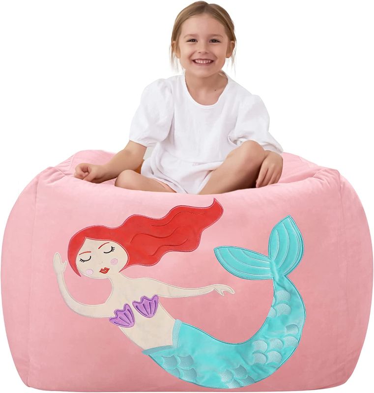 Photo 1 of Aubliss Unicorn Stuffed Animal Storage Bean Bag Chair for Kids, Velvet Extra Soft Beanbag Chairs Cover, X-Large Stuffable Zipper Bean Bag for Organizing Plush Toys Girls Bedroom Decor, Pink 