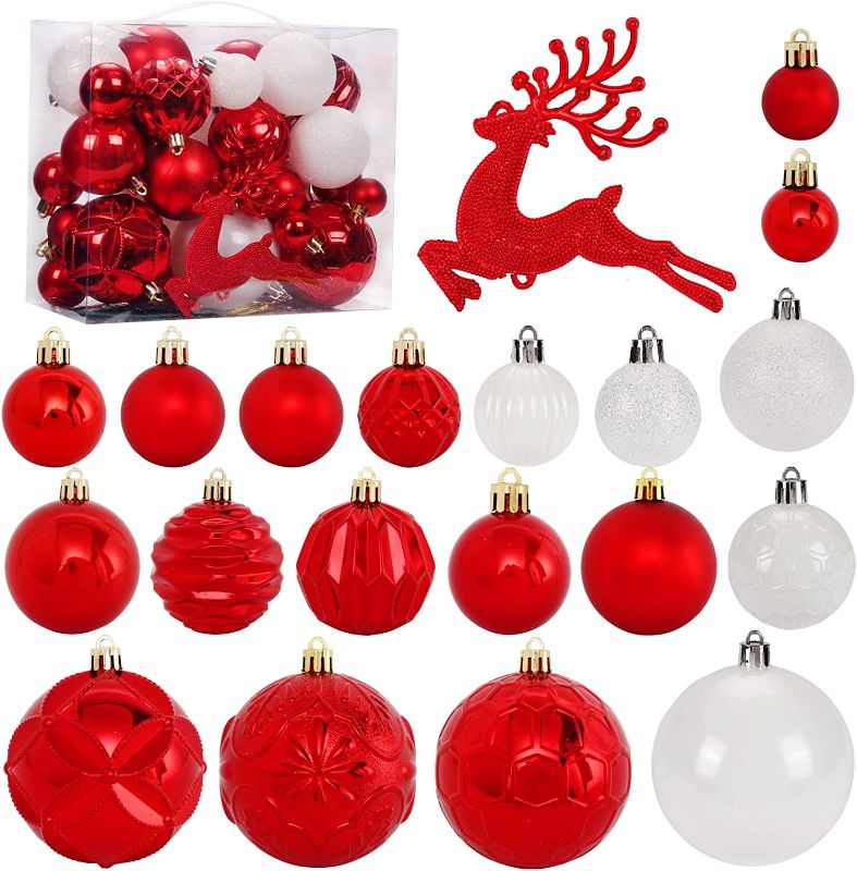 Photo 1 of 50ct Christmas Tree Ornaments Set, Red and White Christmas Ornaments Assorted for Christmas Tree Decorations Shatterproof Christmas Hanging Ball for Halloween Party Home Decor (Hooks Included) 