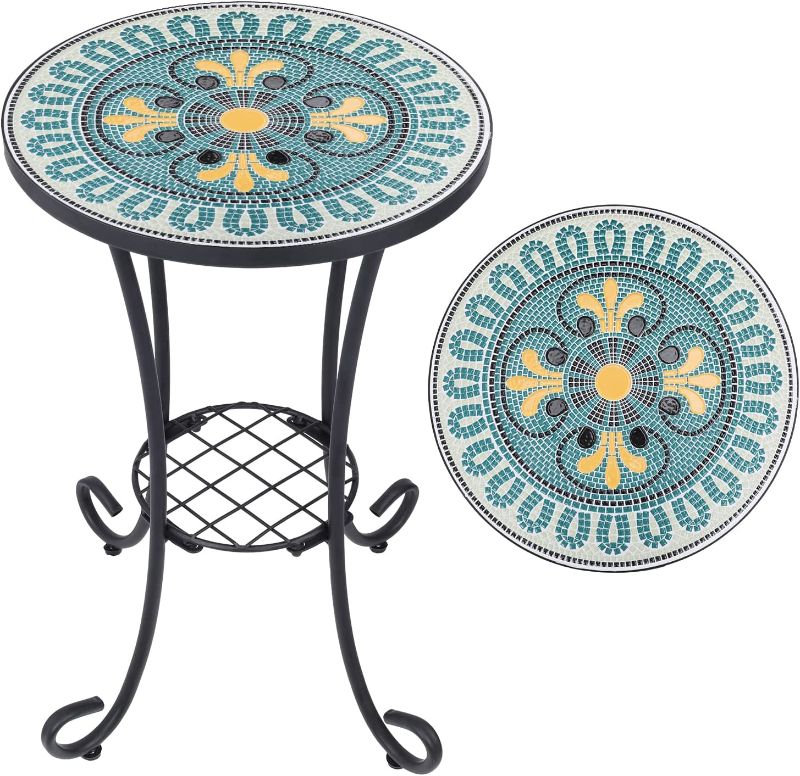 Photo 1 of Vipush Mosaic Outdoor Side Table, 14" Round Folding End Table, Patio Accent Table Indoor Plant Stand for Living Room,Geramic Table Top Black Iron,Green https://a.co/d/dXCPJLb