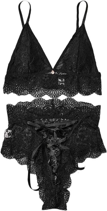 Photo 1 of 
Women's Floral Lace Bra And Panty Set Sexy 2 Piece Bralette Babydoll Bodysuit See Through Sleepwear Lingerie Underwear (Black,Large)
