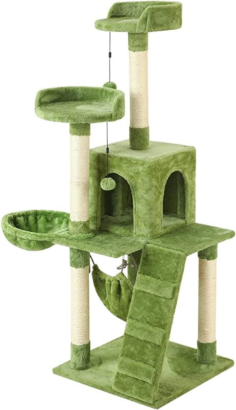 Photo 1 of KZLAA 53in Cat Tree Cat Tower Condo Furniture Scratch Post with Natural Sisal Rope, Hammock & Cradle for Cats Kittens, Tall Cat Climbing Stand with Plush Perch & Toys (Green)
