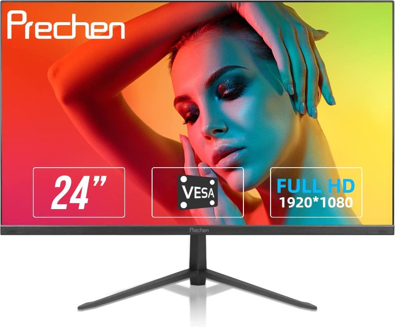 Photo 1 of Prechen 24 Inch Computer Monitor, 3-Sided Frameless Gaming Screen FHD 1920x1080 LED Desktop Monitor with HDMI & VGA Interface, 75Hz, 3000:1, VA, 4ms, VESA Mountable, PC Monitor for Office Work
