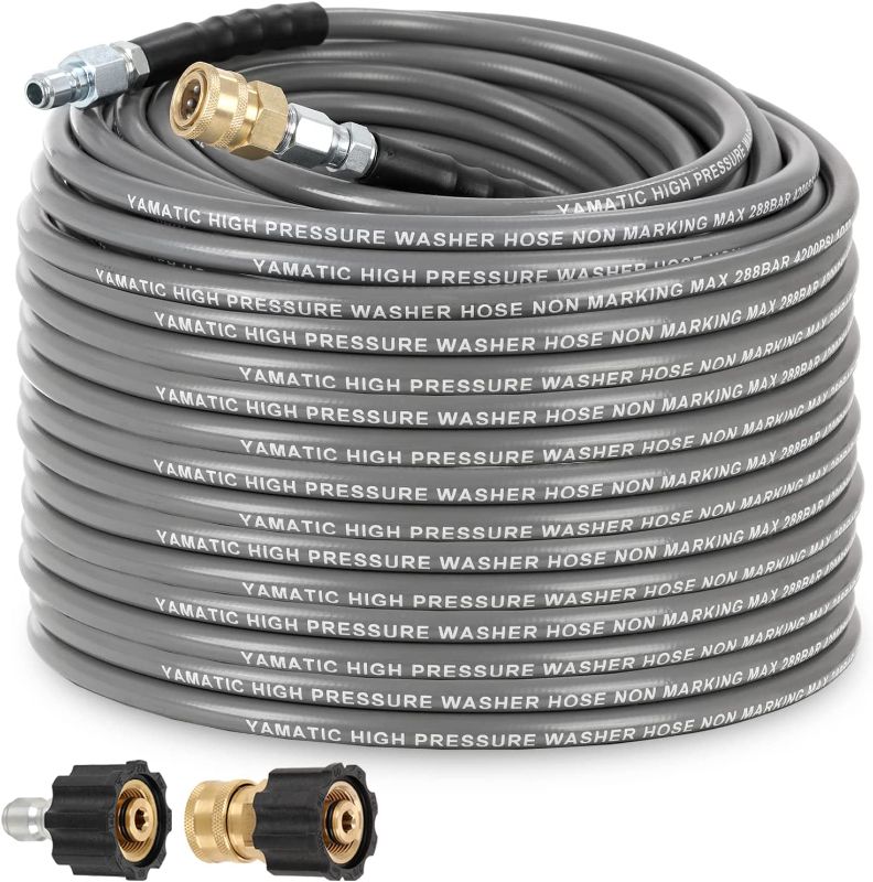 Photo 1 of YAMATIC Non Marking 1/4" 4200 PSI Pressure Washer Hose 100 FT, for Hot/Cold Water Rubber Wire Braided, Kink Free Swivel 3/8" Quick Connection, Industry Grade for Power Washer, Super Wear Resistant

