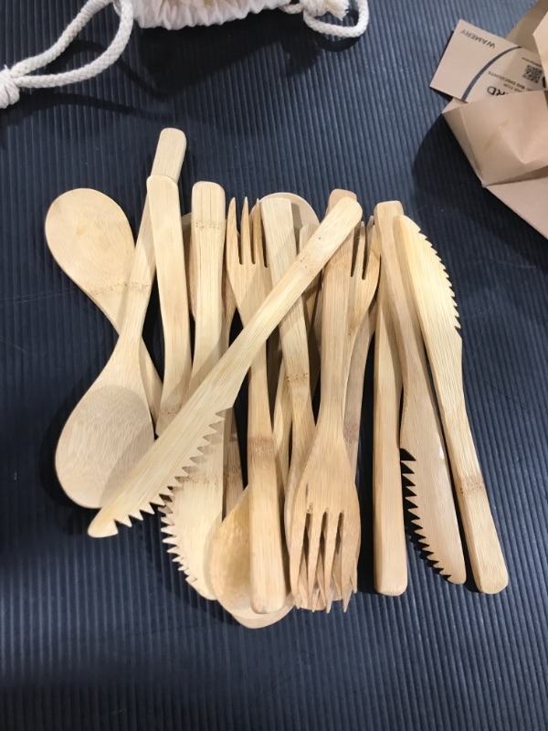 Photo 2 of Bamboo Cutlery Set 18-Pieces Bamboo Forks Spoons & Knives - Reusable Bamboo Flatware for Picnic Party Travel or Hiking Bamboo Utensil Cutlery Set - Wooden Compostable Silverware with Travel Pouch Bag