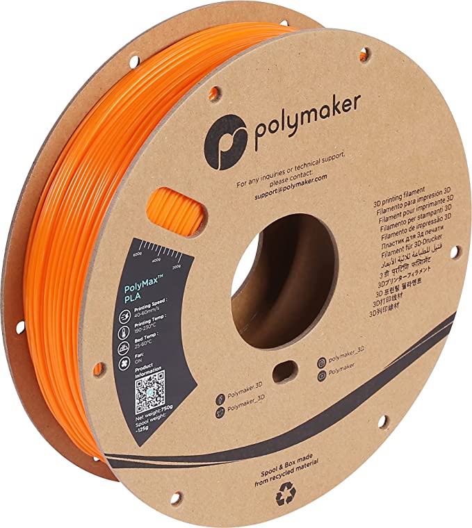 Photo 1 of 2.85mm Tough PLA 3mm 3D Printer Filament, 750g Orange PLA Filament Cardboard Spool - Polymaker PolyMax PLA 2.85 Orange Filament Tougher Than PLA+, High Impact Strength for Functional Application
