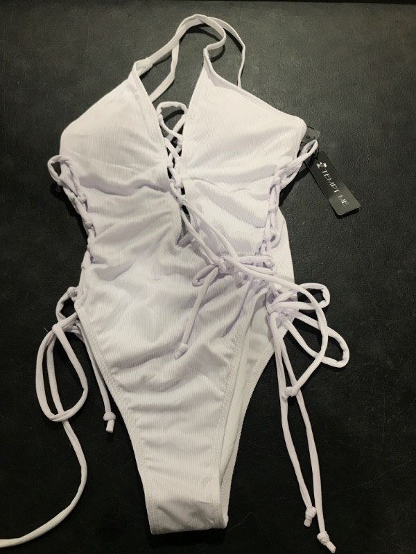 Photo 2 of  Small White-Tempt Me Women Sexy Lace Up One Piece Swimsuit Deep Plunge V Neck Bathing Suits