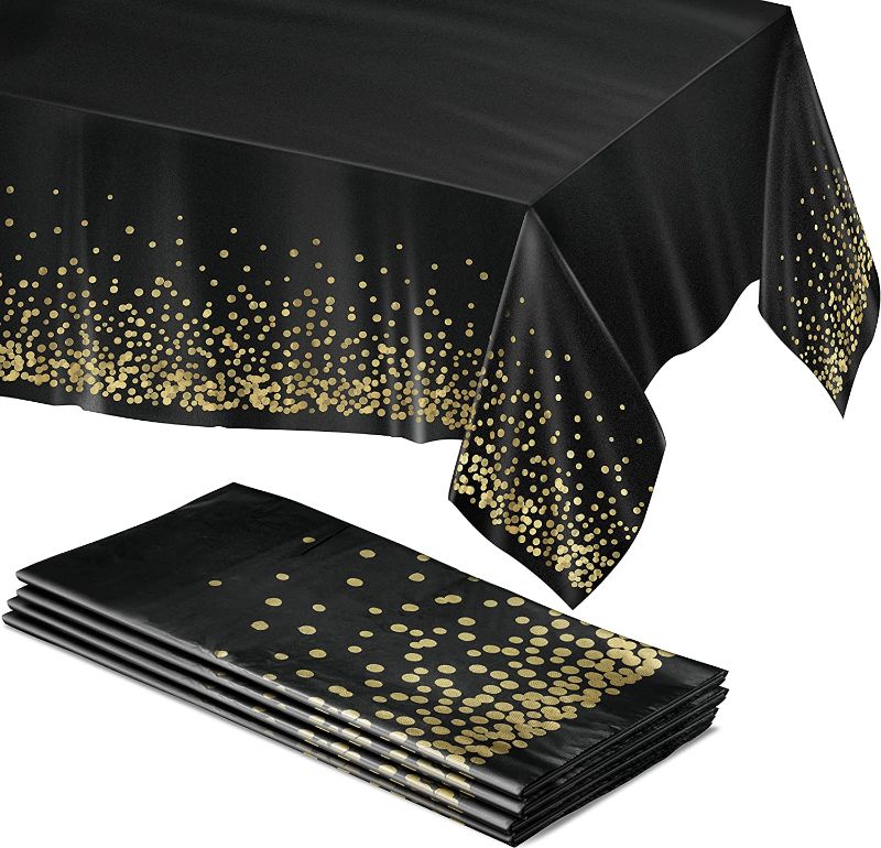 Photo 1 of 4pk, 54"x108" | Gold Dot Disposable Tablecloths | Plastic Tablecloth | Black Tablecloths | Plastic Table Cover | Paper Tablecloths for BBQ, Party, Fine Dining, Wedding