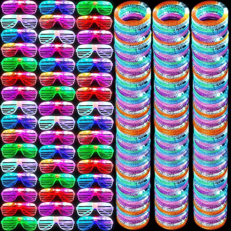 Photo 1 of 200 Pcs Glow bracelets and Neon Glasses for Glow Party, Glow in The Dark Party Supplies for Christmas, New Year Eve Raves, Wedding, Concert, Birthday, Halloween