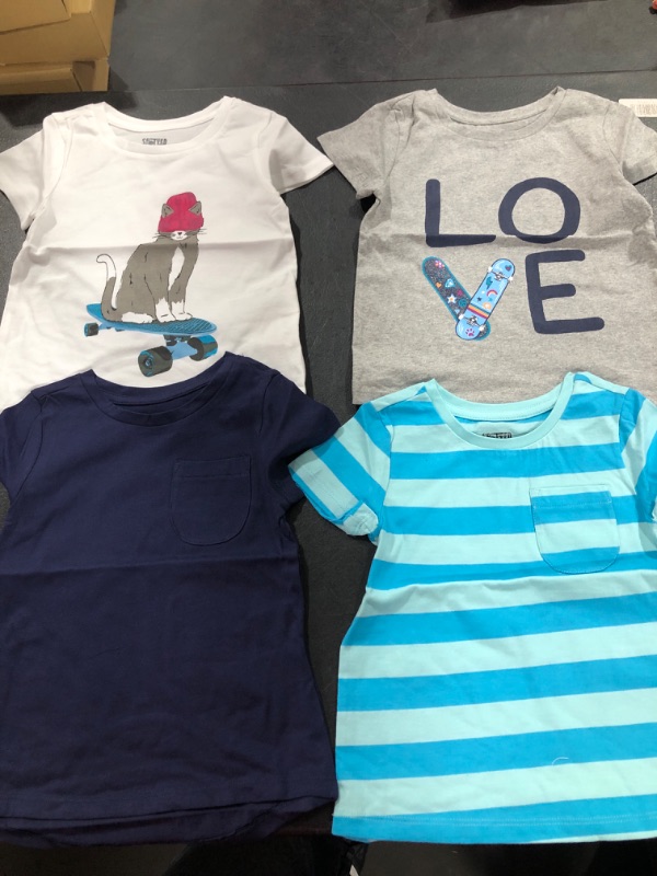 Photo 2 of Amazon Essentials Girls and Toddlers' Short-Sleeve T-Shirt Tops (Previously Spotted Zebra), Multipacks 4 Blue/Grey/White, Love/Skate 3T