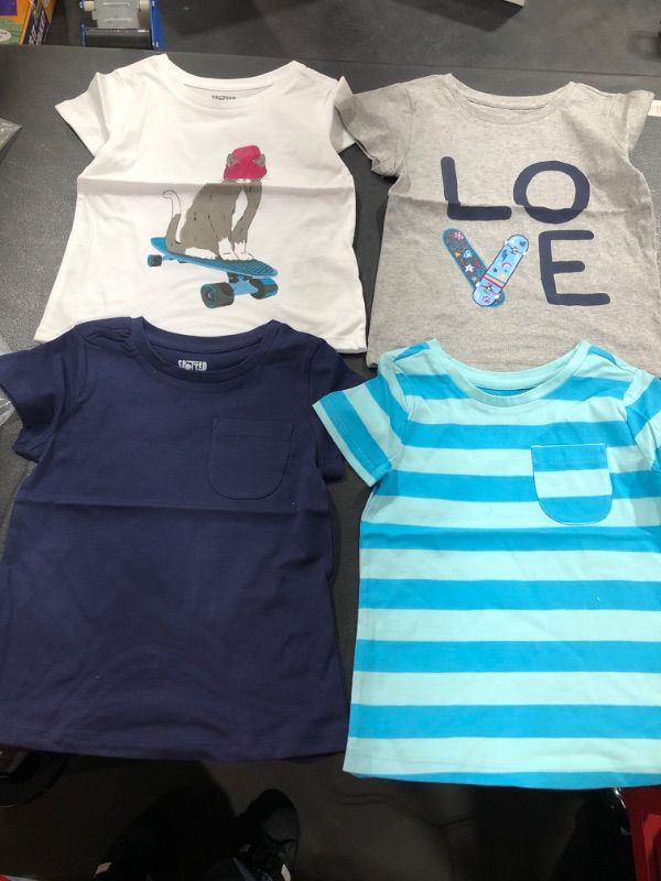 Photo 2 of Amazon Essentials Girls and Toddlers' Short-Sleeve T-Shirt Tops (Previously Spotted Zebra), Multipacks 4 Blue/Grey/White, Love/Skate 3T