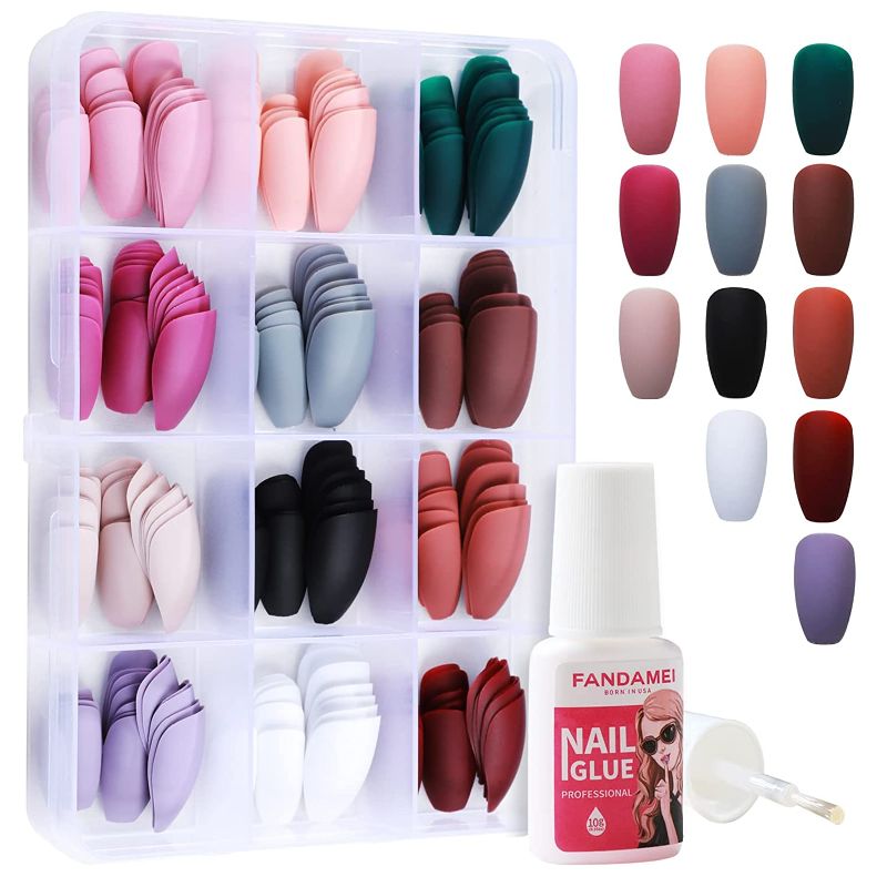 Photo 1 of 12 Packs (288PCS) Matte Press on Nails Medium Length, FANDAMEI Ballerina Coffin Acrylic Short Fake Nails Full Cover with 10g Nail Tips Glue, 12 Color False Nails for Nail Art DIY
