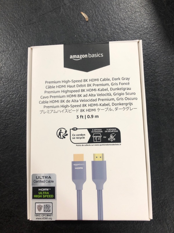 Photo 1 of Amazon Basics High-Speed HDMI Cable (48Gbps, 8K/60Hz ) - 3 Feet, Dark Gray 1 Dark Gray 3 Feet
