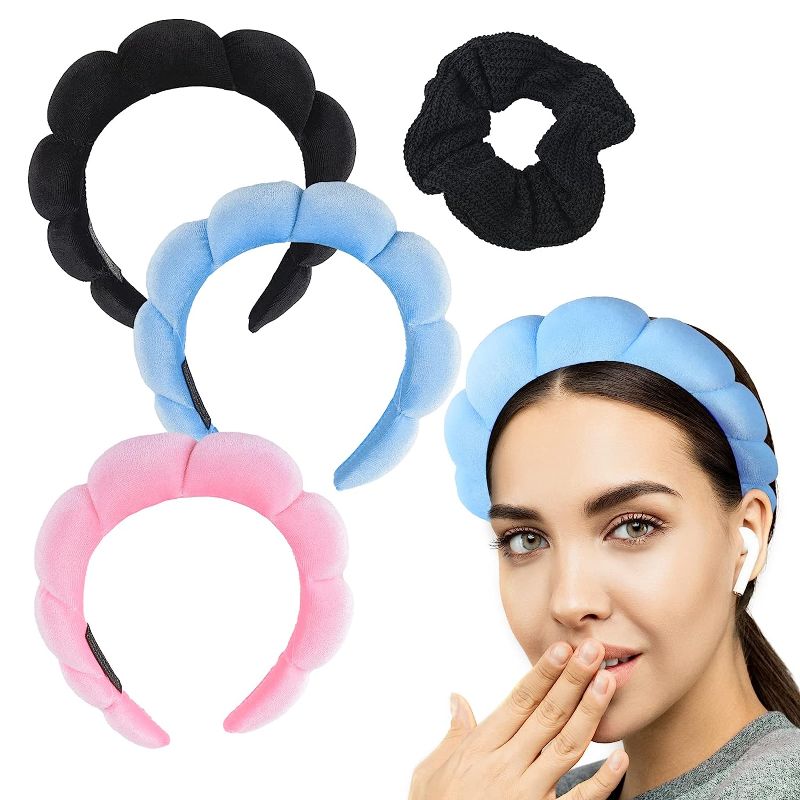 Photo 1 of ALUSBELL 3 Pieces Cute Makeup Headband Spa Hair Bands for Women, Sponge & Terry Towel Cloth Fabric Hair Accessories for Skincare, Face Washing, Makeup Removal, Shower, Facial Mask, Black/Pink/Blue
