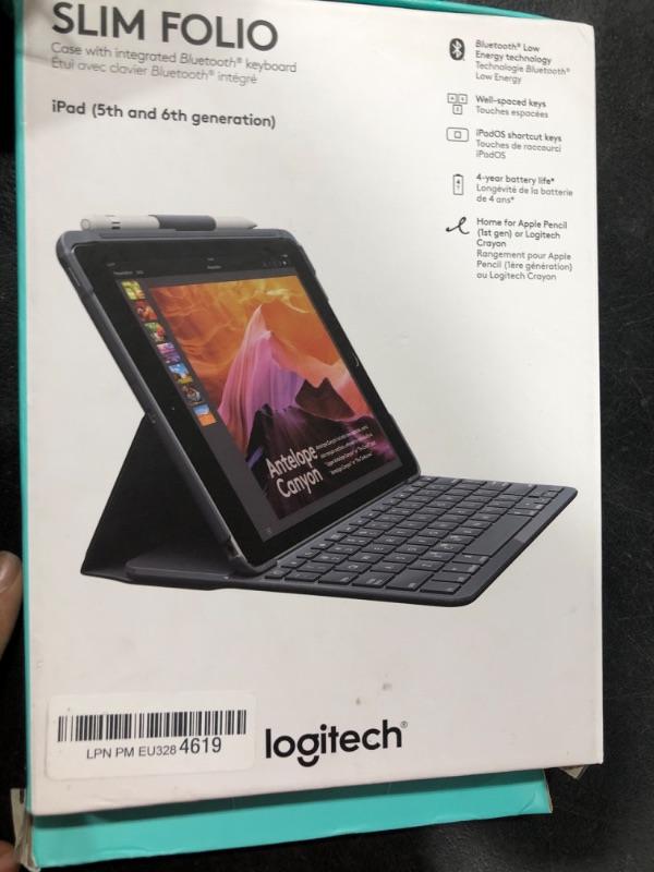 Photo 2 of Logitech Slim Folio with Integrated Bluetooth Keyboard for iPad (5th and 6th Generation) - Black
