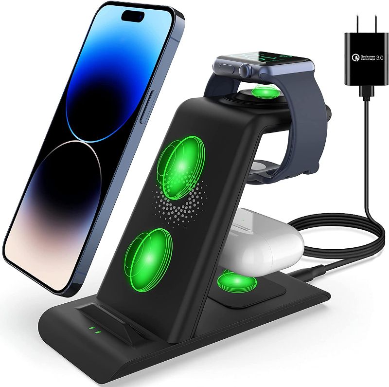 Photo 1 of  3 in 1 Wireless Charging Station Compatible for Apple Products Multiple Devices Apple Watch ultra 8 7 SE 6 5 4 3 AirPods Pro 2 iPhone 14 13 12 11 Pro Max/X/XS/XR 8 Fast Wireless Charger Stand