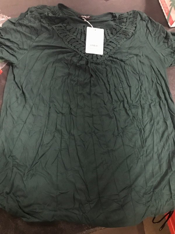 Photo 2 of AAMILIFE Women's Plus size Tops Short Sleeve Shirts Lace Pleated Tunic Causal Tee Blouses M-4XL Large Dark Green