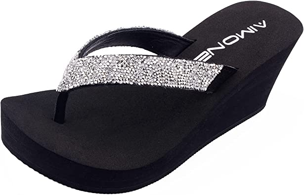 Photo 1 of AIMONE-Stella Black Wedge Sandals for Women Dressy Rhinestone Platform Flip Flops US 8.5
