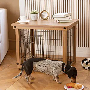 Photo 1 of Ylovecl Wooden Dog Crate Furniture with Sliding & Fixable Tray, Dog Crate End Table for Small Dog, Small Dog Kennels Indoor (28.3L*23.2W*23.6H, Light Brown)
