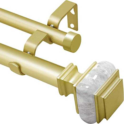 Photo 1 of  1 Inch Diameter Double Curtain Rods for Windows 48 to 84 inch Gold, Adjustable Telescoping Double Curtain Rod With Square Marble Finials, Brackets And Curtain Holdbacks