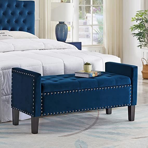 Photo 1 of 24KF Velvet Modern Upholstered Tufted Button Storage Bench with Studded Nails for Living Room 5076 - Black Storage Bench Blue Bench