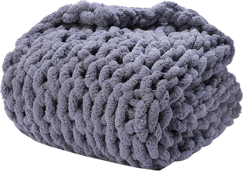 Photo 1 of  Chunky Knit Throw Blanket Chenille Handmade Cozy Warm Blanket and (Dark Grey,50"x60")