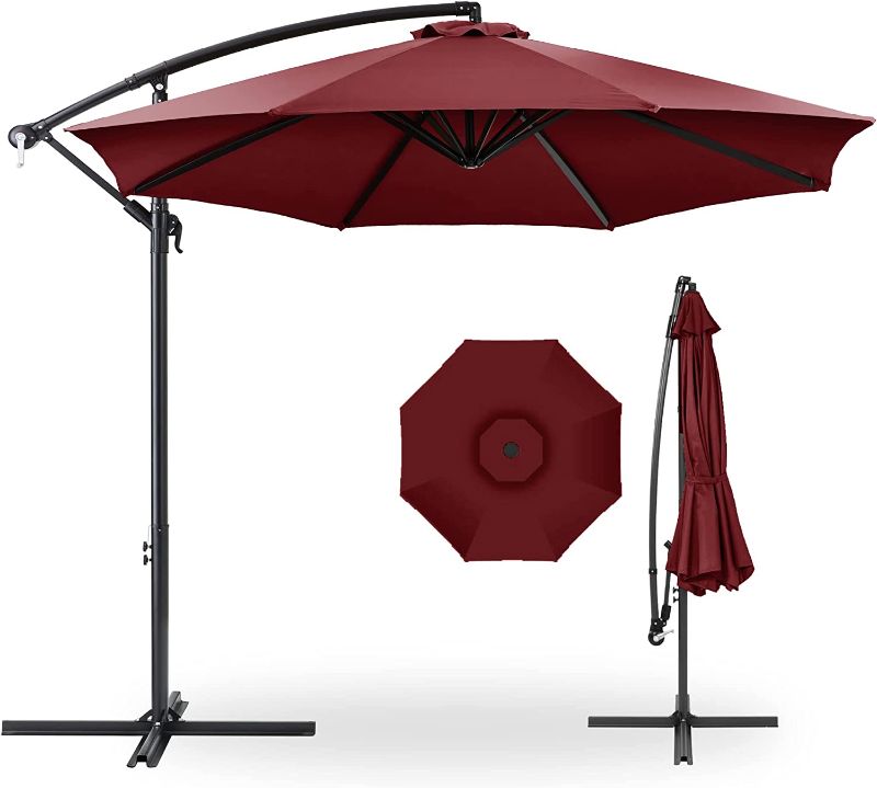 Photo 1 of VOUA 10ft 2 Tier Patio Offset Umbrella with Sandbag Cantilever Outdoor Hanging Umbrella Large 8 Ribs Market Umbrella with Crank & Cross UPF 50+ and Waterproof for Backyard Garden Pool and Deck, RED 10FT 