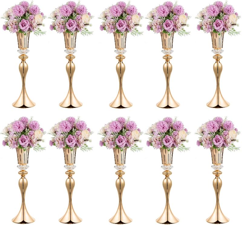 Photo 1 of 22 inches Tall Wedding Reception Centerpieces Flower Vases, Set of 10 Acrylic Crystal Flower Stands Wedding Gold Vases, Metal Centerpiece Vases for Table Décor, Christmas, Party (Gold, 10 Pcs) 