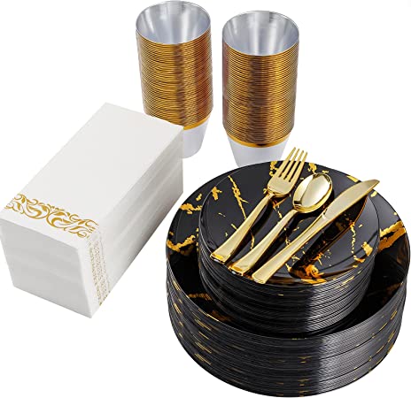 Photo 1 of 350 Piece Black and Gold Dinnerware Set for 50 Guests, Plastic Plates Disposable for Party, Include: 50 Dinner Plates, 50 Dessert Plates, 50 Paper Napkins, 50 Cups, 50 Gold Plastic Silverware Set
