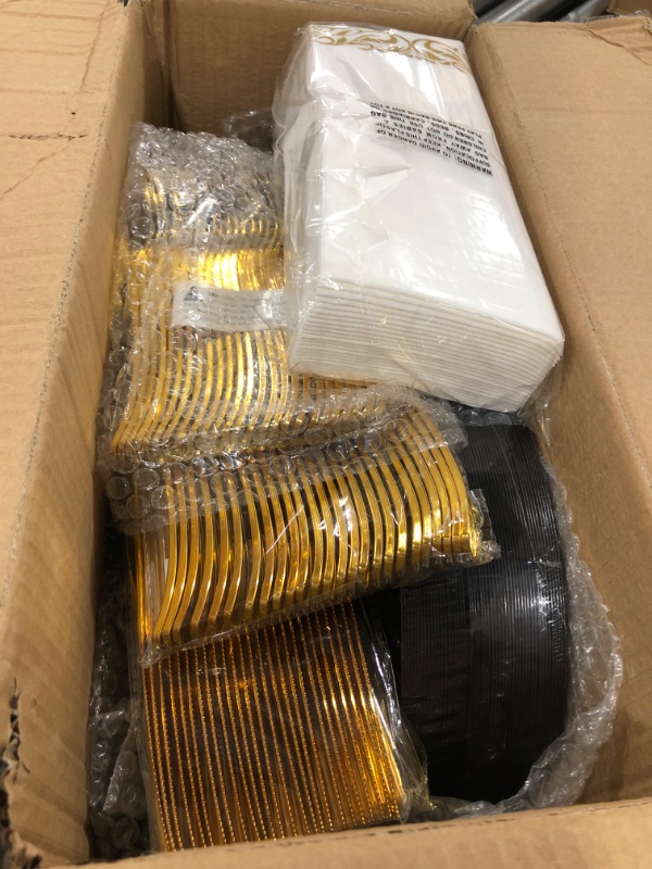 Photo 2 of 350 Piece Black and Gold Dinnerware Set for 50 Guests, Plastic Plates Disposable for Party, Include: 50 Dinner Plates, 50 Dessert Plates, 50 Paper Napkins, 50 Cups, 50 Gold Plastic Silverware Set
