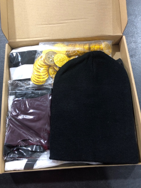Photo 2 of 119 Pcs Robber Costume Accessories Set Includes Long Sleeve Striped T Shirt Dollar Sign Money Bag Inflatable Gun Props Black Eye Cover Knit Beanie Hat Gloves Fake Mustaches and Pirate Gold Coins