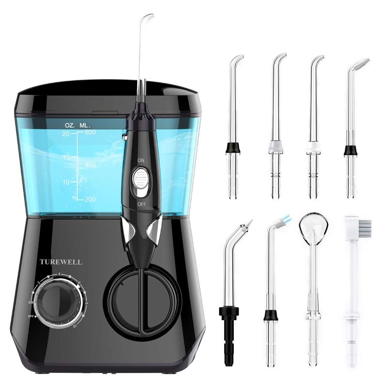 Photo 1 of TUREWELL Water Flossing Oral Irrigator, 600ML Dental Water Teeth Cleaner 10 Adjustable Pressure, Electric Dental Oral Flosser for Teeth/Braces, 8 Water Jet Tips for Family (Black)
