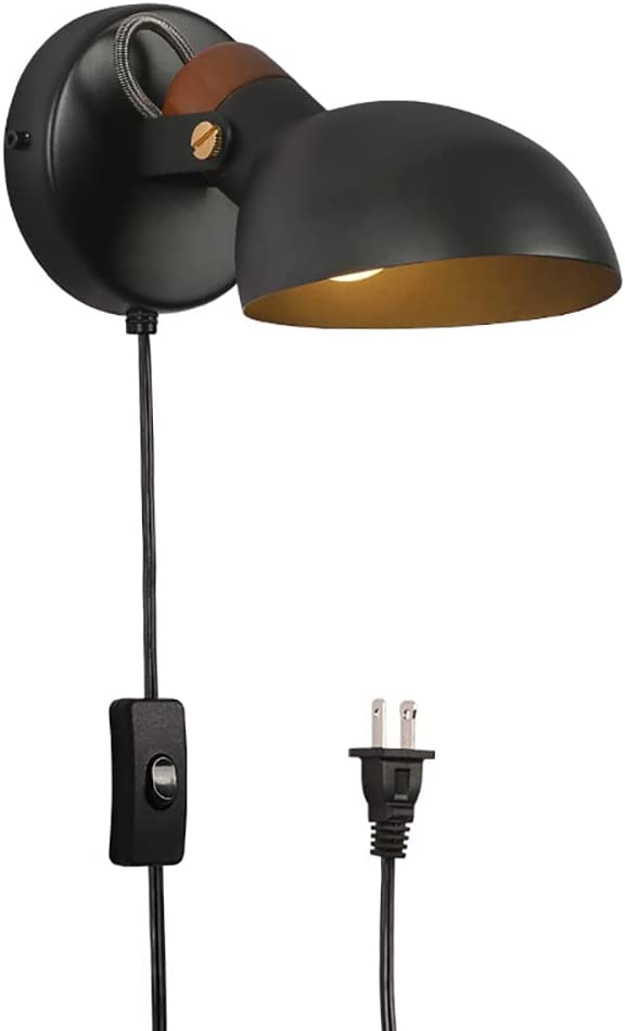 Photo 1 of Aisilan Swivel Black Metal and Wood Wall Sconce with Plug in Cord and On Off Toggle Switch Replaceable E12 Bulb Modern Wall Lights Foyer Study Living Room Bedside BD205B-P
