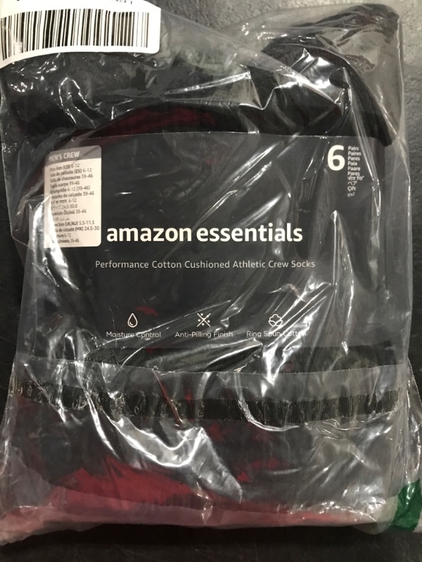 Photo 2 of Amazon Essentials Men's Performance Cotton Cushioned Athletic Crew Socks, 6 Pairs 6-12 Black