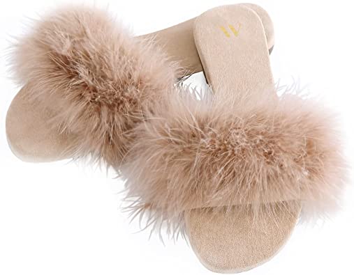 Photo 1 of Amélie Home Mothers Day Gifts for Mom from Daughter Son Fashion Slide Slippers Furry Turkey Feather Open Toe Comfy Fuzzy Suede Lined House Sandals SIZE 8