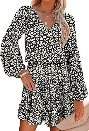 Photo 1 of BLENCOT Women's LARGE Casual V Neck Boho Floral Dress Long Sleeve Ruffle Hem Mini Dresses