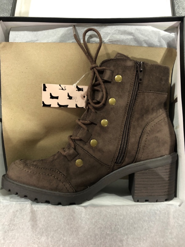 Photo 1 of mysoft Women's Ankle Boots Combat Chunky Stacked Low Heel Lace Up Zipper Booties 7.5 Brown