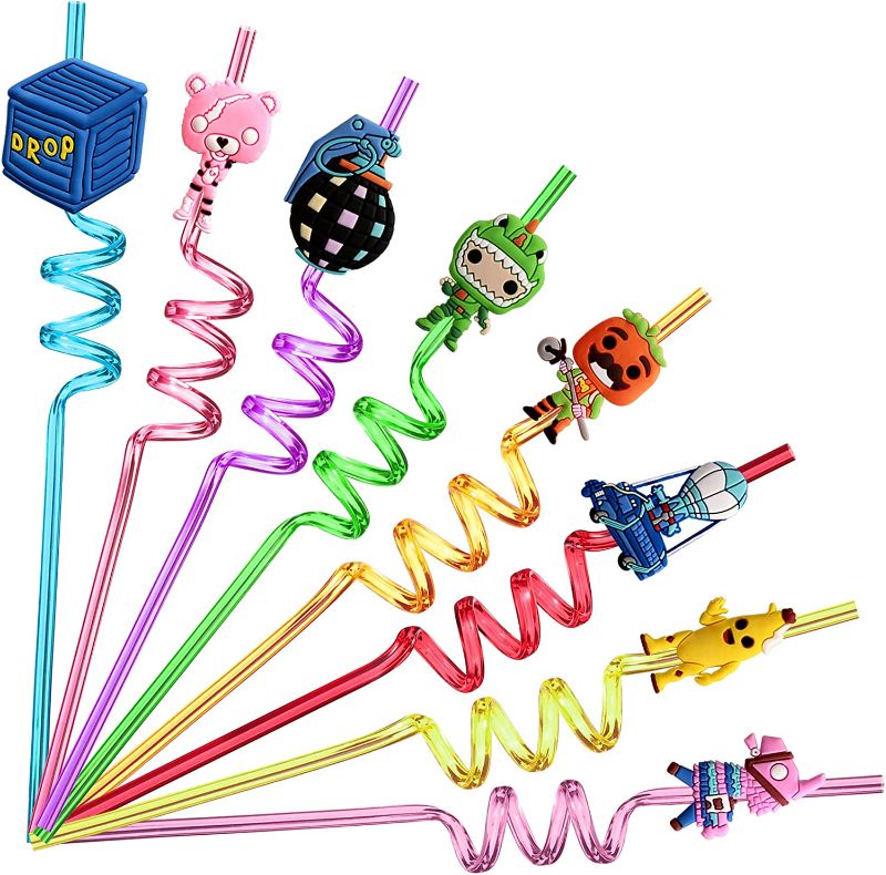 Photo 1 of 24 Video Game Straws with 2 Cleaning Brush 8 Designs Great for Gamer Themed Birthday as Battle Royale Party Favors and Party Supplies