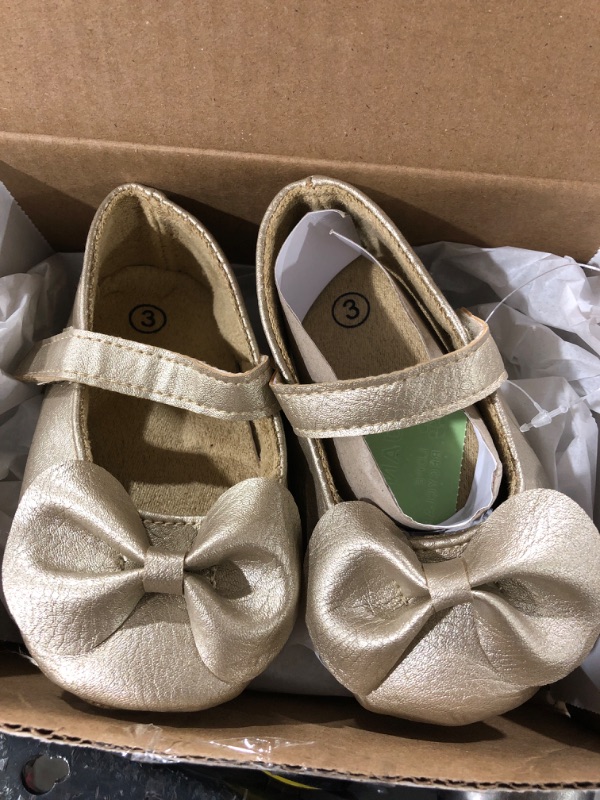 Photo 2 of  Baby Girls Flats Bowknot Mary Jane Magic Tape Dress Shoes Wedding Cute Princess Shoe Breathable First Walker Loafer Flat Gold toddler size 3
