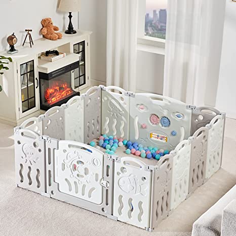 Photo 1 of Albott Baby Playpen, Upgraded 14 Panels Foldable Baby Fence with Game Panel and Safety Gate, Adjustable Shape, Portable Baby Play Yards for Children Toddlers Indoors or Outdoors (White+Grey, 14 Panel)
